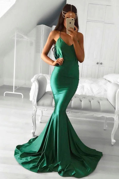 Mermaid Hunter Elastic Satin Sweetheart Backless Long Prom Dresses SHE013