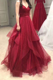 A Line Satin Burgundy Long Sleeves Appliques Long Prom Dresses