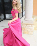 A Line Satin Fuchsia High Low Off Shoulder Beaded Two Pieces Long Prom Dresses SHE022