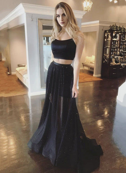 Two Pieces Tulle Halter A Line Black Lace Up Long Prom Dresses WT3971