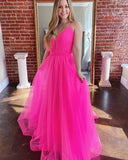 Pink Sweetheart A Line Beaded Tulle Long Prom Dresses RB4463