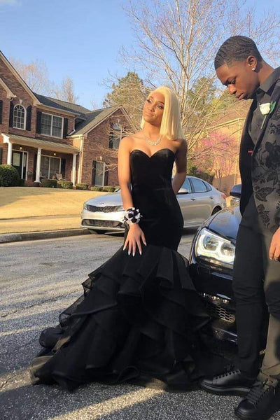 Mermaid Black Layered Long Sweetheart Organza Prom Dresses TQ1015