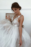 White V-neck Tulle Appliques Spaghetti Straps Wedding Dress NB7198