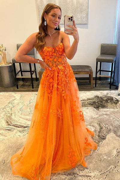 A-line Strapless Orange Lace Appliques Senior Prom Dress ST8240