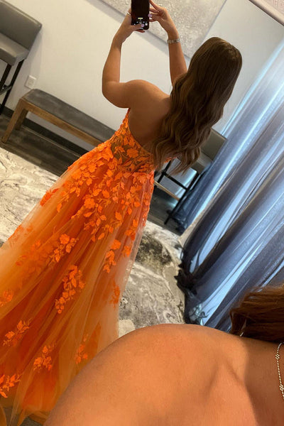 A-line Strapless Orange Lace Appliques Senior Prom Dress ST8240