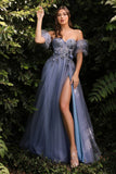 Blue Off The Shoulder Strapless Floral A-line Prom Dress KN9730